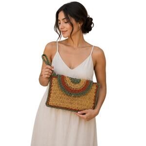 Handmade Boho Woven Clutch Bag Straw Knit Wristlet Beach Purse